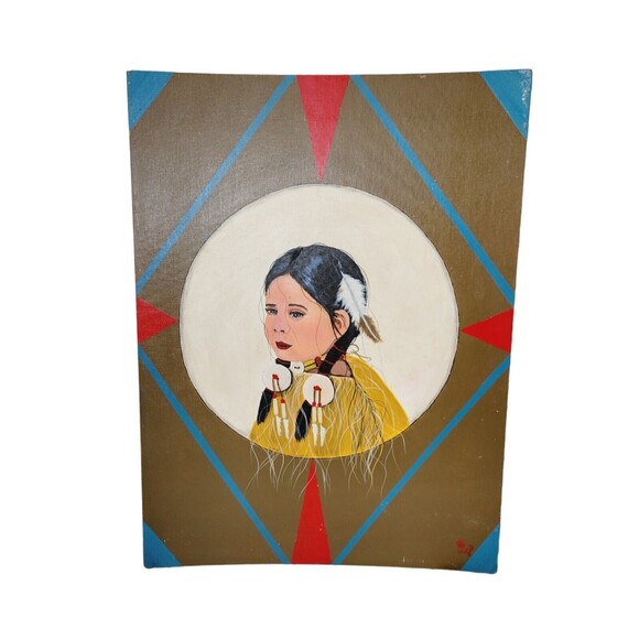Native American Indian Girl Origina Acrylic Painting Signed 1995 Little Feathers - Picture 1 of 14
